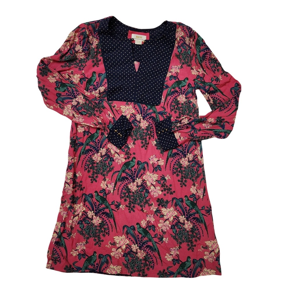 Maeve Anthropologie Pink Tropical Bird Floral Polka Dot Bib Shift Dress 6 EUC